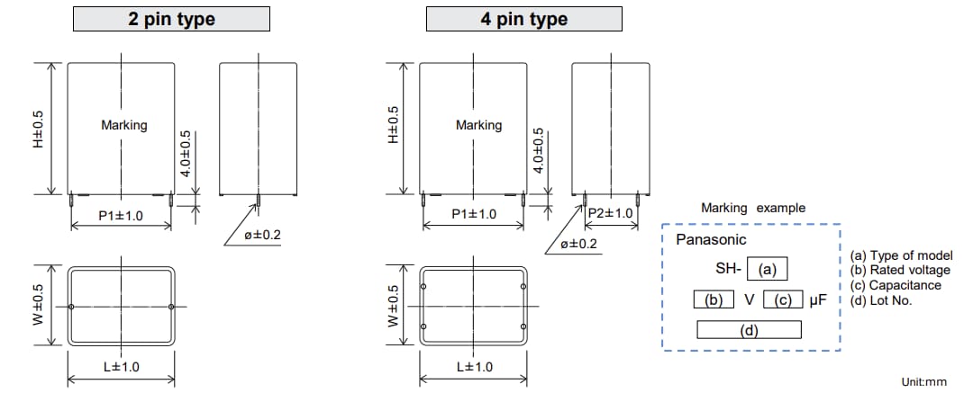 Mechanical Drawing - Panasonic EZPV-D Plastic Film Capacitors